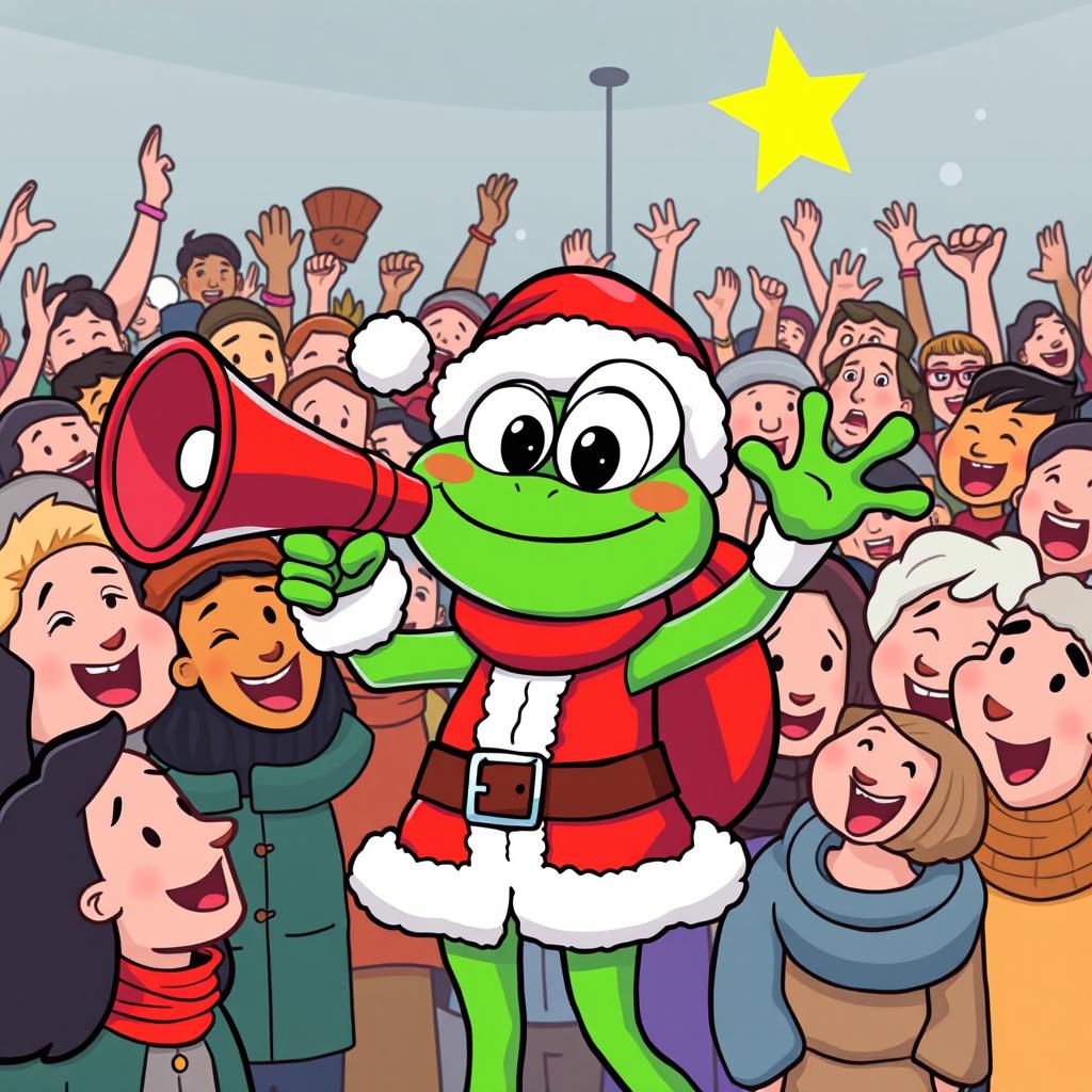 A cheerful Pepe the Frog character dressed as Santa Claus, holding a megaphone and making an announcement to a crowd of enthusiastic people