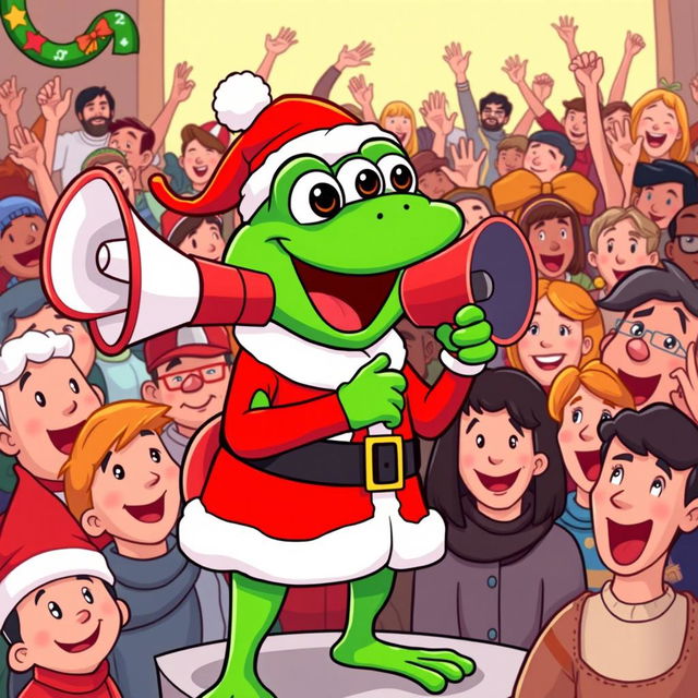 A cheerful Pepe the Frog character dressed as Santa Claus, holding a megaphone and making an announcement to a crowd of enthusiastic people