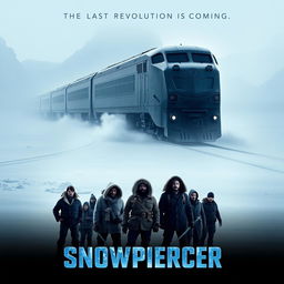 An atmospheric teaser poster for 'Snowpiercer (2013)', featuring a stark, icy landscape with a massive, futuristic train winding its way through a snow-covered wasteland