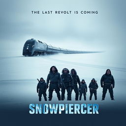 An atmospheric teaser poster for 'Snowpiercer (2013)', featuring a stark, icy landscape with a massive, futuristic train winding its way through a snow-covered wasteland