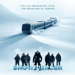 An atmospheric teaser poster for 'Snowpiercer (2013)', featuring a stark, icy landscape with a massive, futuristic train winding its way through a snow-covered wasteland