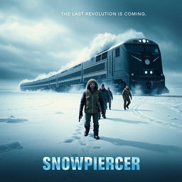 An atmospheric teaser poster for 'Snowpiercer (2013)', featuring a stark, icy landscape with a massive, futuristic train winding its way through a snow-covered wasteland