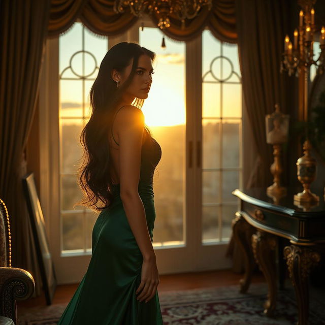 A dramatic scene capturing the emotion of jealousy, featuring an elegant woman with long, flowing dark hair, dressed in a glamorous emerald green gown, standing in a lavish room filled with opulent decor