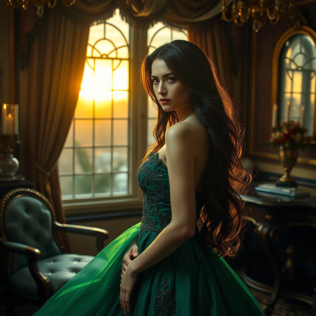 A dramatic scene capturing the emotion of jealousy, featuring an elegant woman with long, flowing dark hair, dressed in a glamorous emerald green gown, standing in a lavish room filled with opulent decor