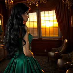 A dramatic scene capturing the emotion of jealousy, featuring an elegant woman with long, flowing dark hair, dressed in a glamorous emerald green gown, standing in a lavish room filled with opulent decor