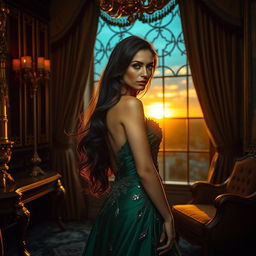 A dramatic scene capturing the emotion of jealousy, featuring an elegant woman with long, flowing dark hair, dressed in a glamorous emerald green gown, standing in a lavish room filled with opulent decor
