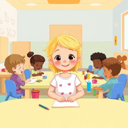 Une illustration d'une fillette de 7 ans diabétique aux cheveux blonds arrivant aux épaules, entourée d'enfants malades qui jouent ensemble dans une salle de jeux à l'hôpital