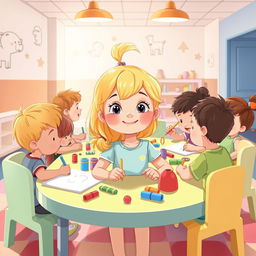 Une illustration d'une fillette de 7 ans diabétique aux cheveux blonds arrivant aux épaules, entourée d'enfants malades qui jouent ensemble dans une salle de jeux à l'hôpital