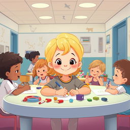 Une illustration d'une fillette de 7 ans diabétique aux cheveux blonds arrivant aux épaules, entourée d'enfants malades qui jouent ensemble dans une salle de jeux à l'hôpital