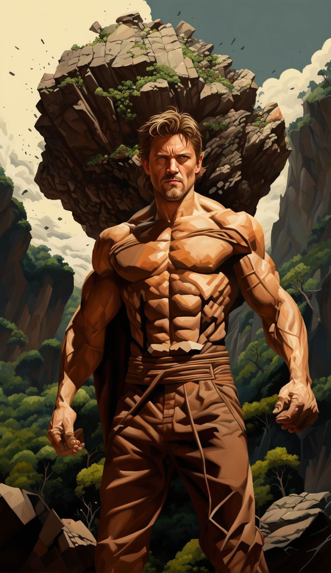 A high-quality digital artwork featuring Jeremy Renner in earth-toned attire, demonstrating the power of earthbending in a lush forest setting