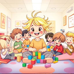 Une illustration d'une fillette de 7 ans diabétique aux cheveux blonds éclatants arrivant aux épaules, entourée d'enfants malades dans une salle de jeux à l'hôpital
