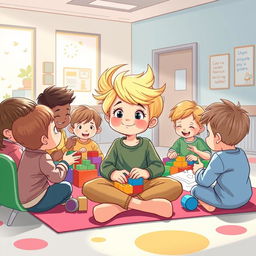 Une illustration d'une fillette de 7 ans diabétique aux cheveux blonds éclatants arrivant aux épaules, entourée d'enfants malades dans une salle de jeux à l'hôpital