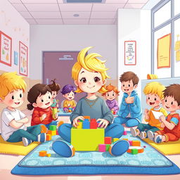 Une illustration d'une fillette de 7 ans diabétique aux cheveux blonds éclatants arrivant aux épaules, entourée d'enfants malades dans une salle de jeux à l'hôpital