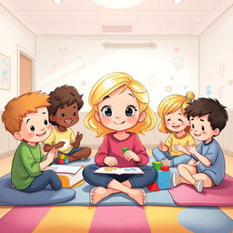 Une illustration d'une fillette de 7 ans diabétique aux cheveux blonds brillants arrivant aux épaules, entourée d'enfants malades qui jouent ensemble dans une salle de jeux à l'hôpital