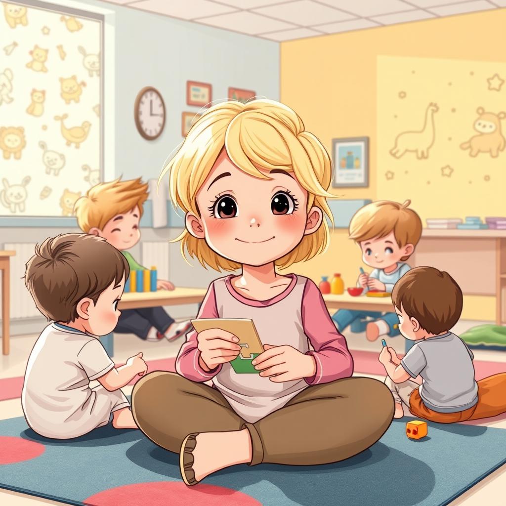 Une illustration d'une fillette de 7 ans diabétique aux cheveux blonds brillants arrivant aux épaules, entourée d'enfants malades qui jouent ensemble dans une salle de jeux à l'hôpital
