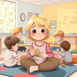 Une illustration d'une fillette de 7 ans diabétique aux cheveux blonds brillants arrivant aux épaules, entourée d'enfants malades qui jouent ensemble dans une salle de jeux à l'hôpital