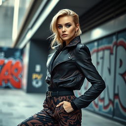 A striking image of a blonde model exuding confidence while showcasing the latest in high fashion