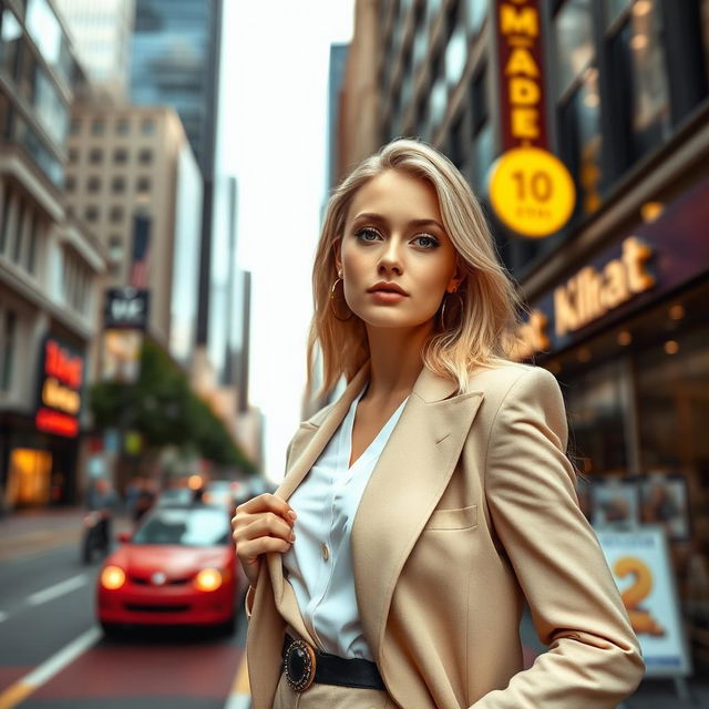 A stunning blonde fashion model posing confidently on a bustling city street, embodying a high-fashion vibe