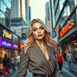 A stunning blonde fashion model posing confidently on a bustling city street, embodying a high-fashion vibe