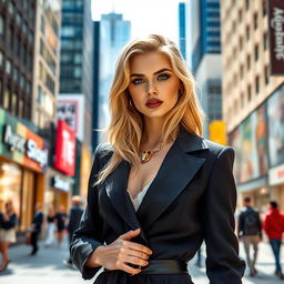 A stunning blonde fashion model posing confidently on a bustling city street, embodying a high-fashion vibe