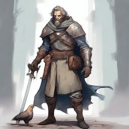 A high-quality illustration depicts a scruffy, homeless knight from a fantasy world akin to DnD