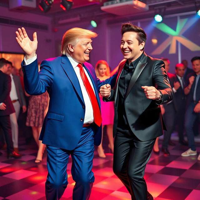 A playful and whimsical scene featuring two well-known public figures, Donald Trump and Elon Musk, dancing joyfully together