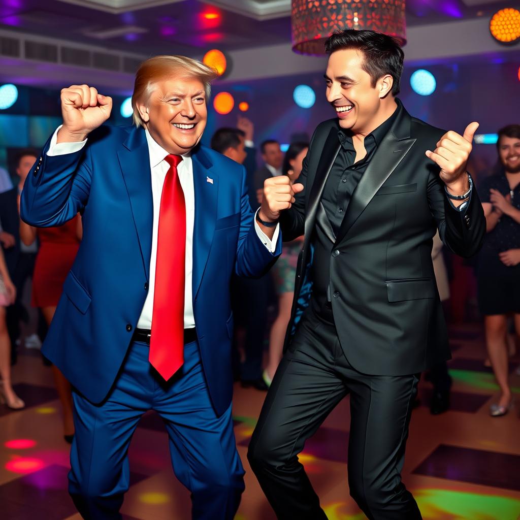 A playful and whimsical scene featuring two well-known public figures, Donald Trump and Elon Musk, dancing joyfully together