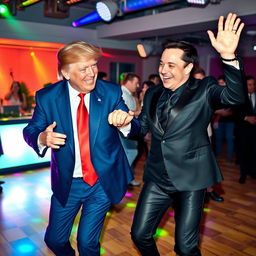 A playful and whimsical scene featuring two well-known public figures, Donald Trump and Elon Musk, dancing joyfully together