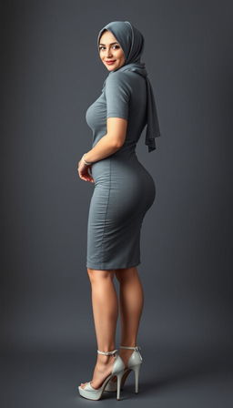 A beautiful European woman, 43 years old with white skin, depicted as a busty teacher