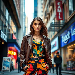 A captivating image of a brunette fashion model standing confidently on a vibrant city street