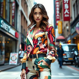 A captivating image of a brunette fashion model standing confidently on a vibrant city street