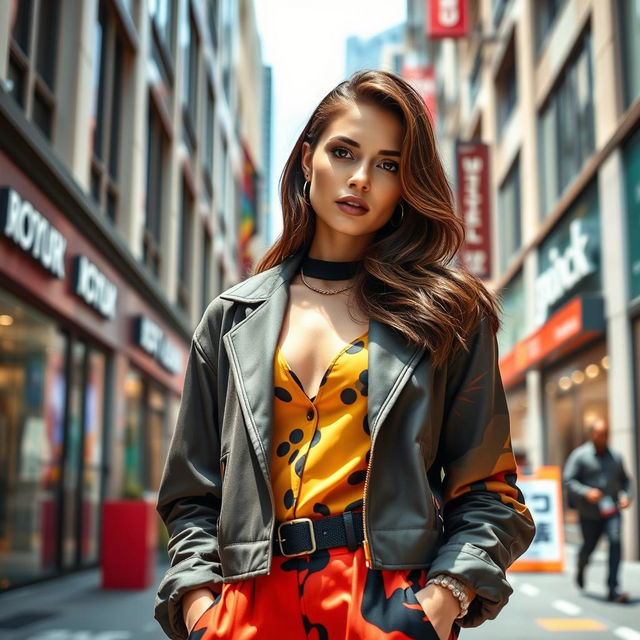 A captivating image of a brunette fashion model standing confidently on a vibrant city street