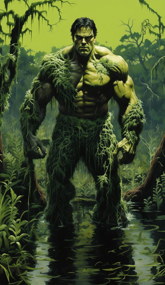 A high-quality digital artwork featuring Mark Ruffalo standing waist-deep in a swamp, his lower body covered by thick, green vines, set against a backdrop of dense foliage and tall, moss-draped trees