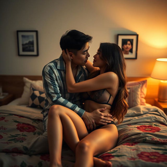 A Chinese man in casual pajamas tenderly embracing and kissing a beautiful, sexy woman in an inviting bedroom