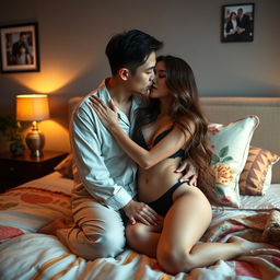 A Chinese man in casual pajamas tenderly embracing and kissing a beautiful, sexy woman in an inviting bedroom