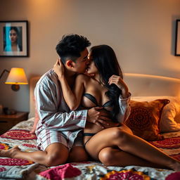 A Chinese man in casual pajamas tenderly embracing and kissing a beautiful, sexy woman in an inviting bedroom