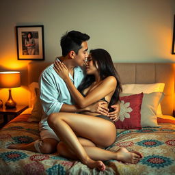 A Chinese man in casual pajamas tenderly embracing and kissing a beautiful, sexy woman in an inviting bedroom