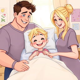 Une illustration d'une fillette de 7 ans diabétique aux cheveux blonds brillants, allongée dans son lit d'hôpital