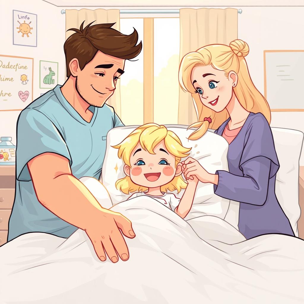 Une illustration d'une fillette de 7 ans diabétique aux cheveux blonds brillants, allongée dans son lit d'hôpital
