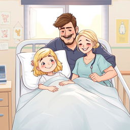 Une illustration d'une fillette de 7 ans diabétique aux cheveux blonds brillants, allongée dans son lit d'hôpital