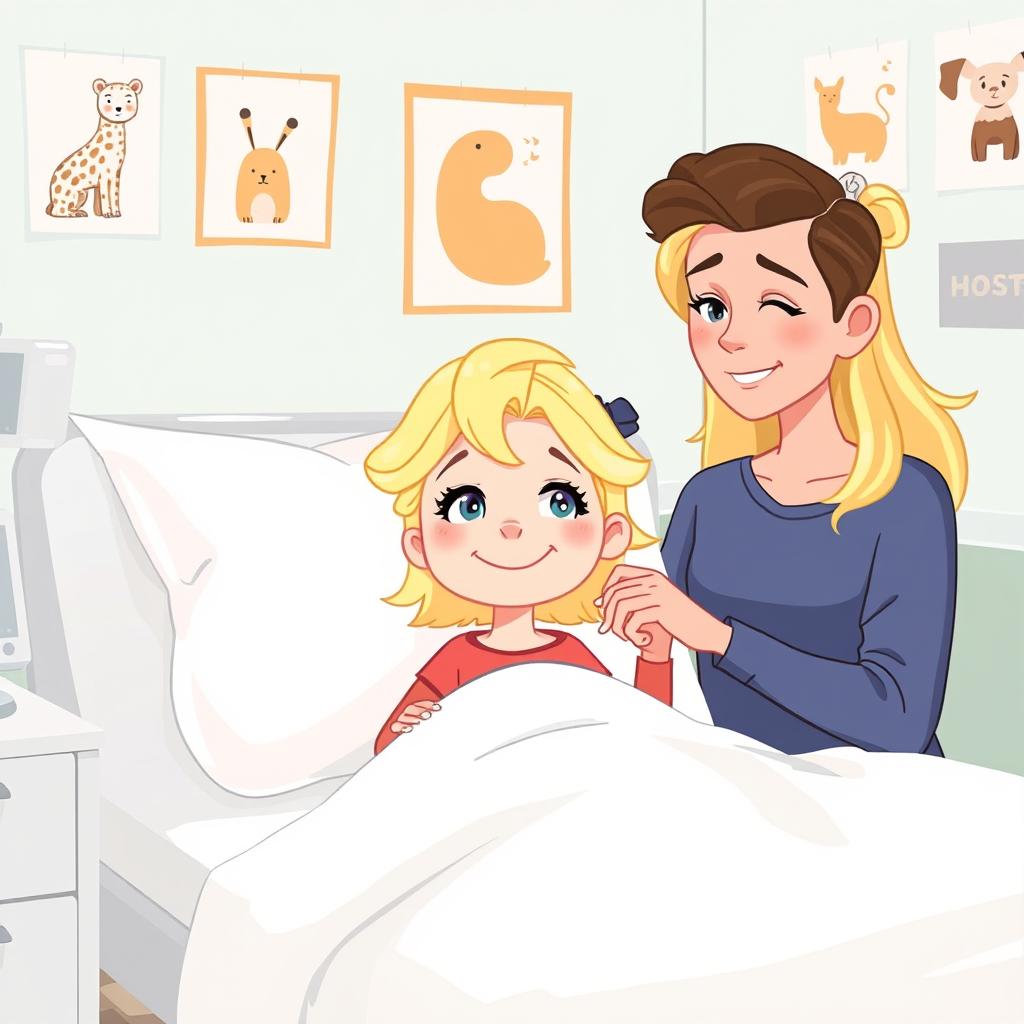 Une illustration d'une fillette de 7 ans diabétique aux cheveux blonds brillants, allongée dans son lit d'hôpital