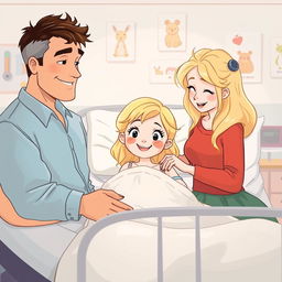 Une illustration d'une fillette de 7 ans diabétique aux cheveux blonds brillants, allongée dans son lit d'hôpital