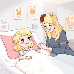 Une illustration d'une fillette de 7 ans diabétique aux cheveux blonds brillants, allongée dans son lit d'hôpital