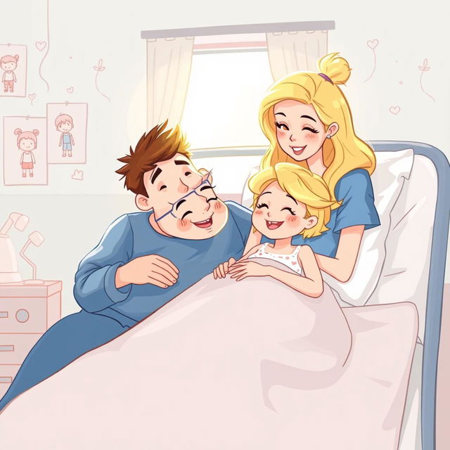 Une illustration d'une fillette de 7 ans diabétique aux cheveux blonds brillants, allongée dans son lit d'hôpital