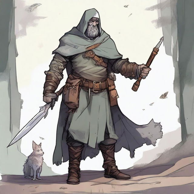 A high-quality illustration captures a scruffy, homeless knight from a fantasy world similar to DnD