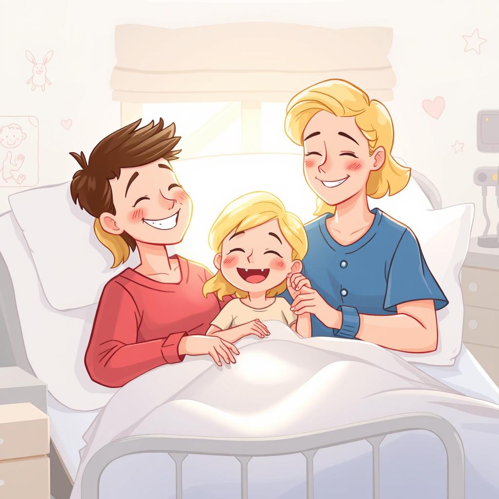 Une illustration d'une fillette de 7 ans diabétique aux cheveux blonds brillants, allongée dans son lit d'hôpital