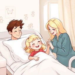 Une illustration d'une fillette de 7 ans diabétique aux cheveux blonds brillants, allongée dans son lit d'hôpital