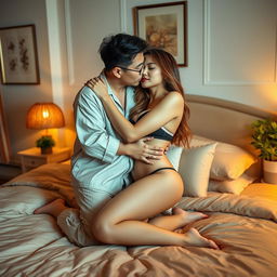A Chinese man wearing cozy pajamas gently hugging and kissing a stunning, sexy woman in a beautifully decorated bedroom
