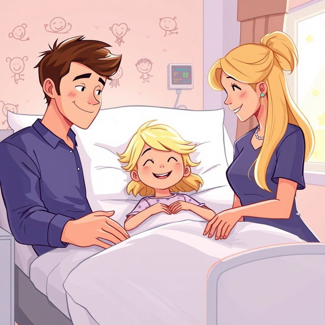 Une illustration d'une fillette de 7 ans diabétique aux cheveux blonds brillants, allongée dans son lit d'hôpital