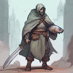 A high-quality illustration captures a scruffy, homeless knight from a fantasy world similar to DnD